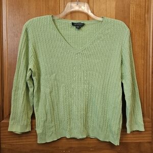 Lauren Ralph Lauren Green Cable Knit Sweater Womens Large Vneck Preppy Academia